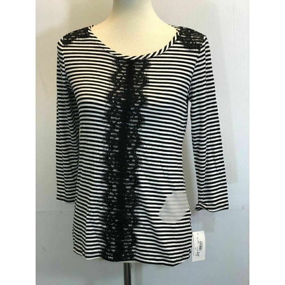 Maison Jules Women's Black Striped Lace-trim Top S - Picture 6 of 9